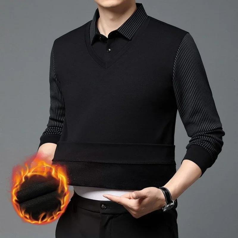 Thick and warm patchwork mens polo shirt suitable for business casual daily wear 250326