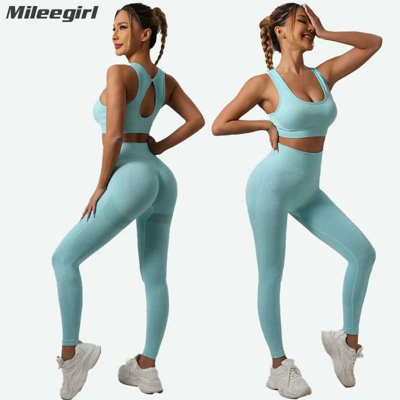 Milegirl Hollow Back Yoga Bra Set Suitable for Women 2-piece Seamless Sports Pants Set High Waist Fitness Gym Leg Exercise Tight W250326