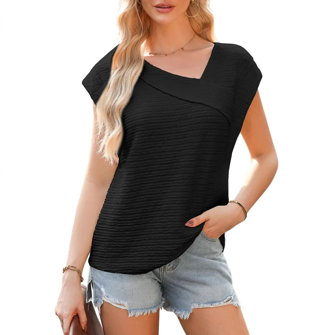 Womens Summer Slant Neck Fashion Casual Short Sleeve Fashion T-shirt 250321
