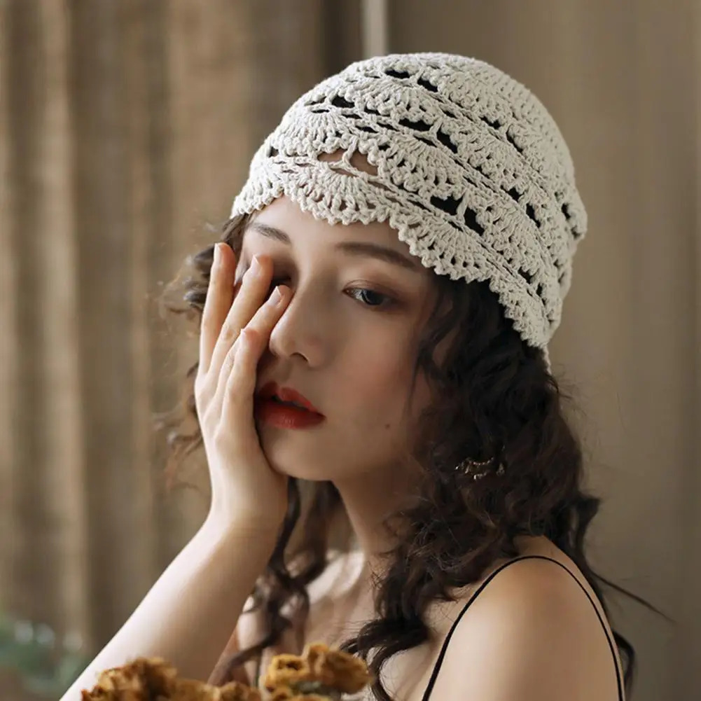 Ladies Hat Hollow Out Lace Women Jacquard Hat Soft Manual Crochet Knitted Hat Solid Color Elastic Breathable Anti-slip Cap 250321