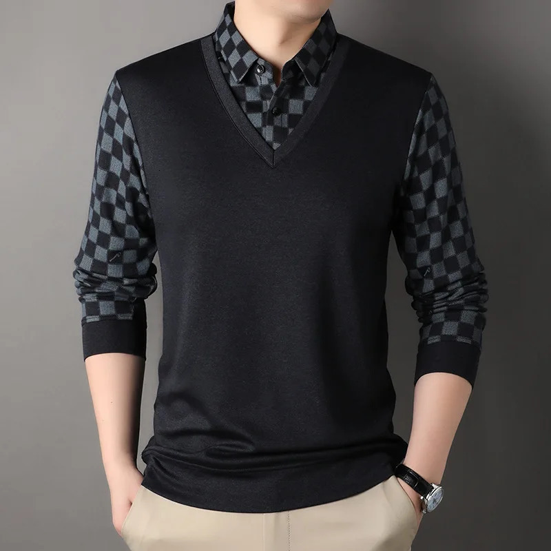 Spring and autumn flat twopiece polo shirt mens clothing long sleeved casual loose bottom Y2K top 250326