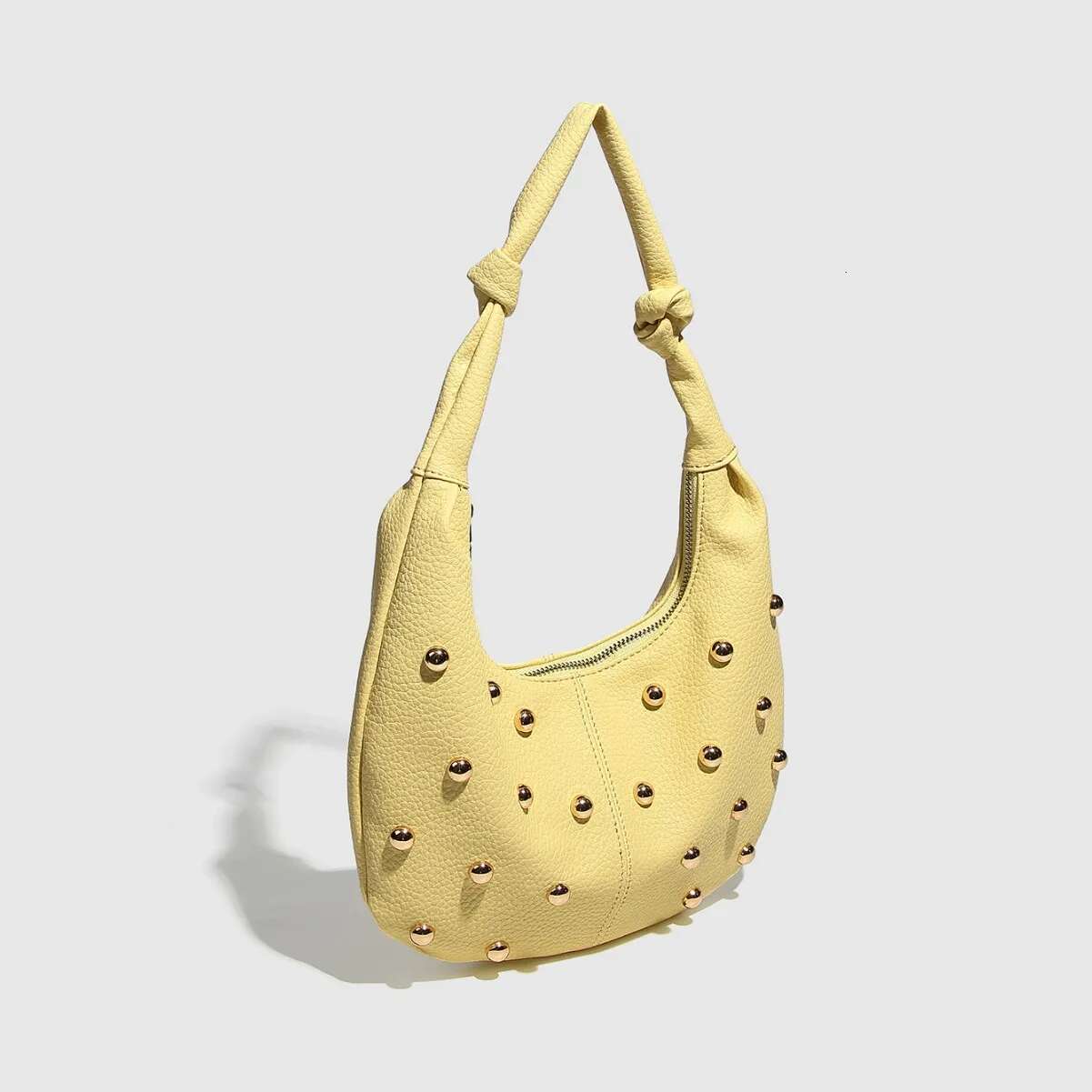 Metallic Rivet Shoulder Half Moon Yellow Bags For Women Handbag Soft PU Leather Cloud Bag Croissant Shopper Purses NEW