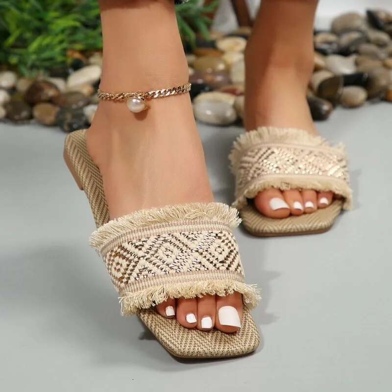 Women Summer Straw Woven Casual Outdoor Espadrille Flip-ps Fashion Flat Ladies Sandals and Slippers Large Size 43