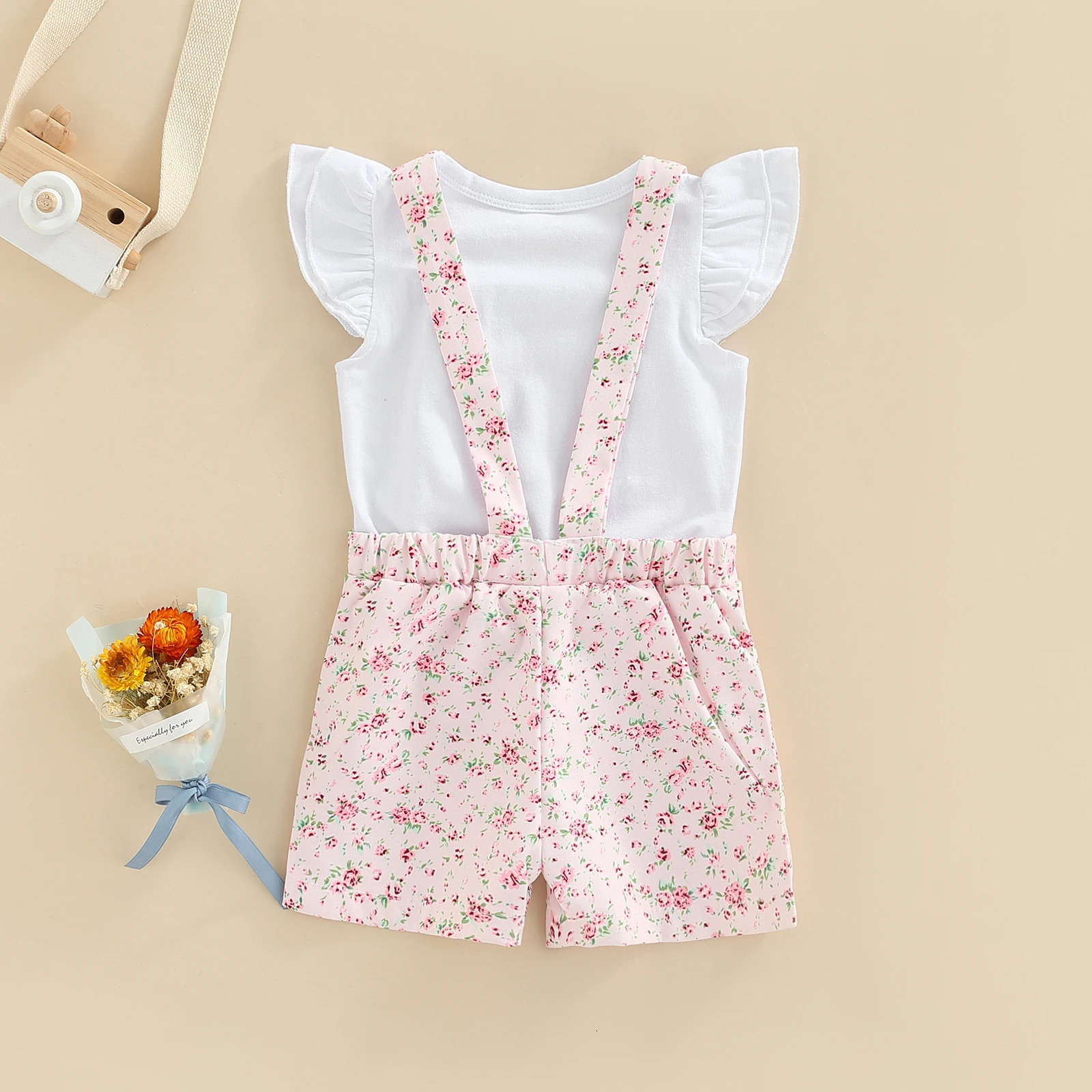 Kids Clothes Girls Summer Outfits Children Clothing Short Sleeve Round Neck Tops Flowers Printed Suspender Short Pants Set 250326