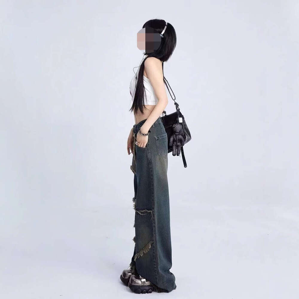 American Five Pointed Jeans For Women, Y2k High Waist Slimming Design, Star Fringed Straight Leg Pants With Floor Length