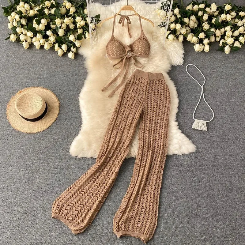Beach Holiday Set Womens Summer Sexy Bikini Tie Collar Top Hollow Knitted Wide Leg Pants 250321