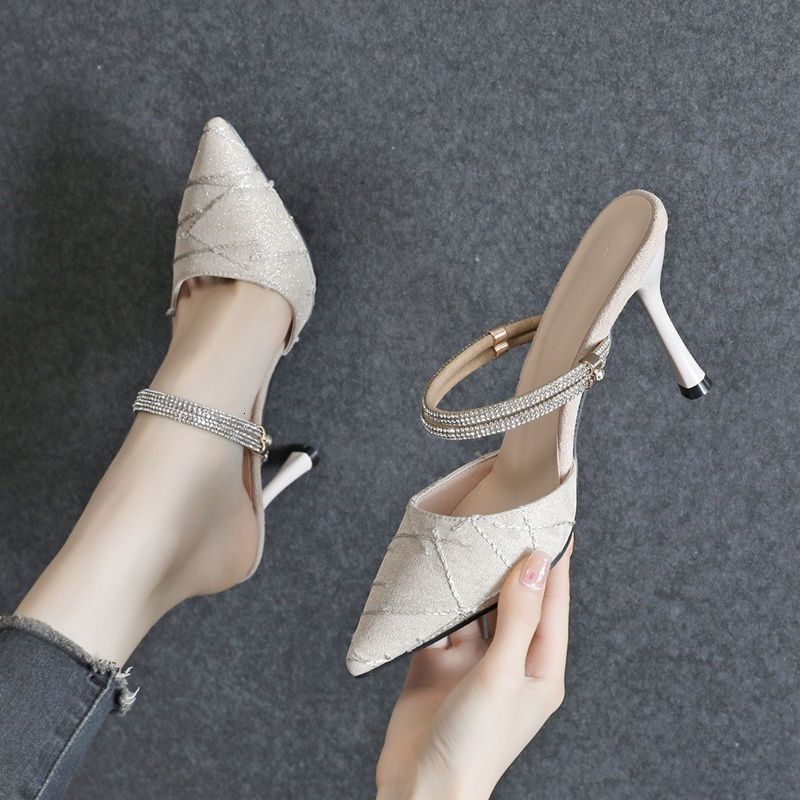Baotou High Heel Sandals for Women Summer 2025 New Style Fine Heel Pointed Water Diamond Cold Slippers High Heel Shoes for Women