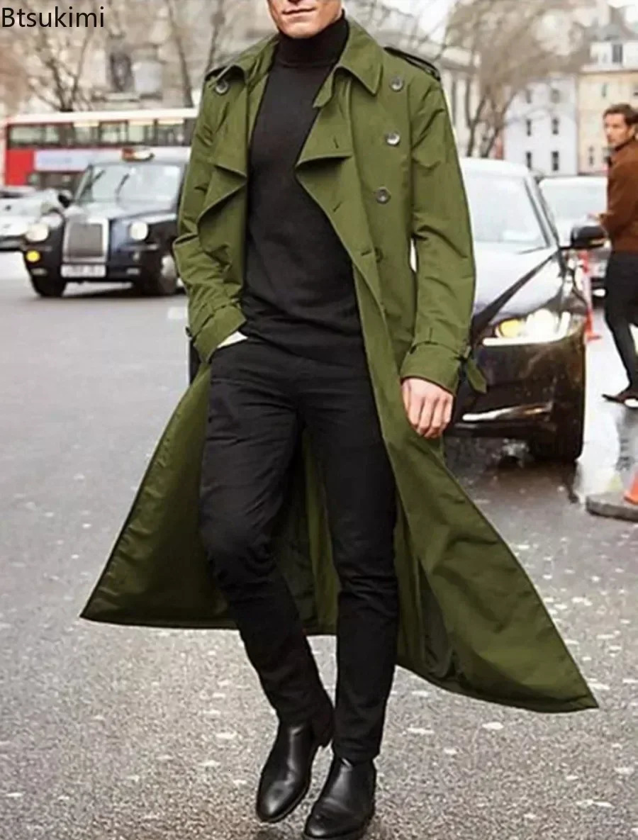 Spring and autumn mens coat retro long trench coat mens jacket coat mens business casual long solid windproof coat 250324