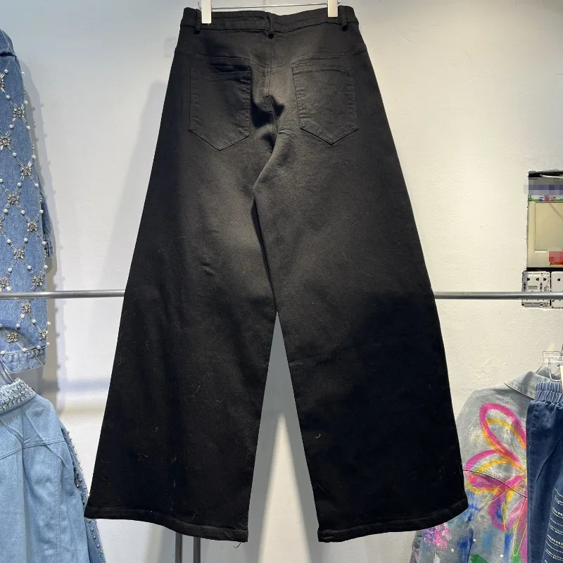 Heavy Industry European Style Beaded Diamond Bow Wide Leg Casual Jeans 2025 Early Spring Cool Black Dress 250317