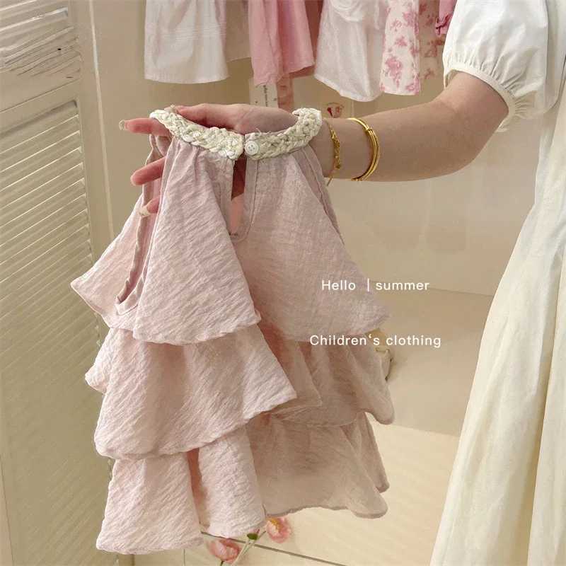 Girls casual dress summer new childrens clothing sweet vest baby cake 2024 round neck fashionable soil sweet pink W250326