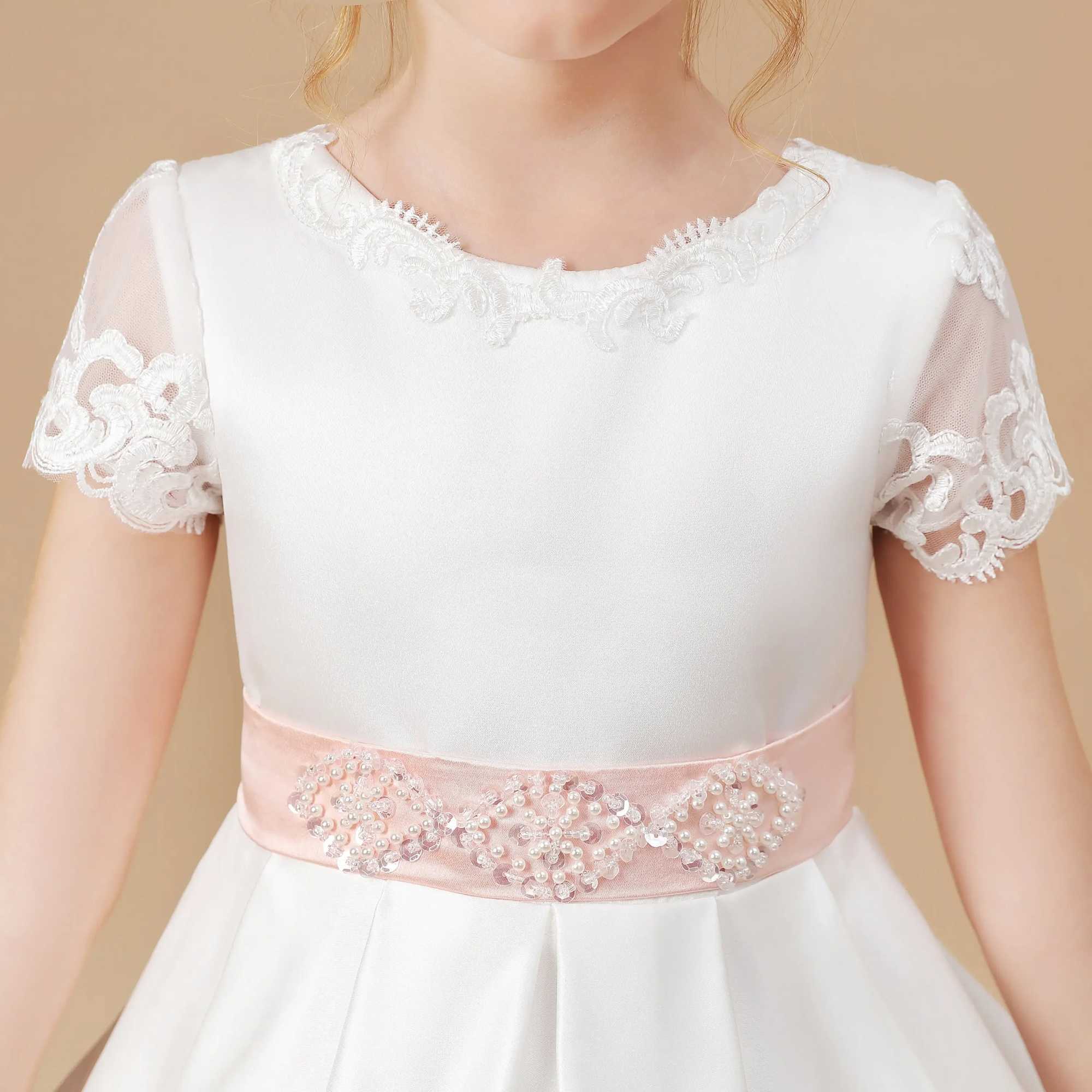 Customized Elegant White Satin First Communication Dress Wedding A-line Flower Girl Dress Pink Bow Princess Childrens Birthday Dress W250326