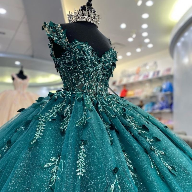Blackish Green Shiny Quinceanera Dresses Sweetheart Ball Gown Off The Shoulder Applique Lace Beads Tiered Corset Sweet 16 Dress Vestidos De 15 Anos