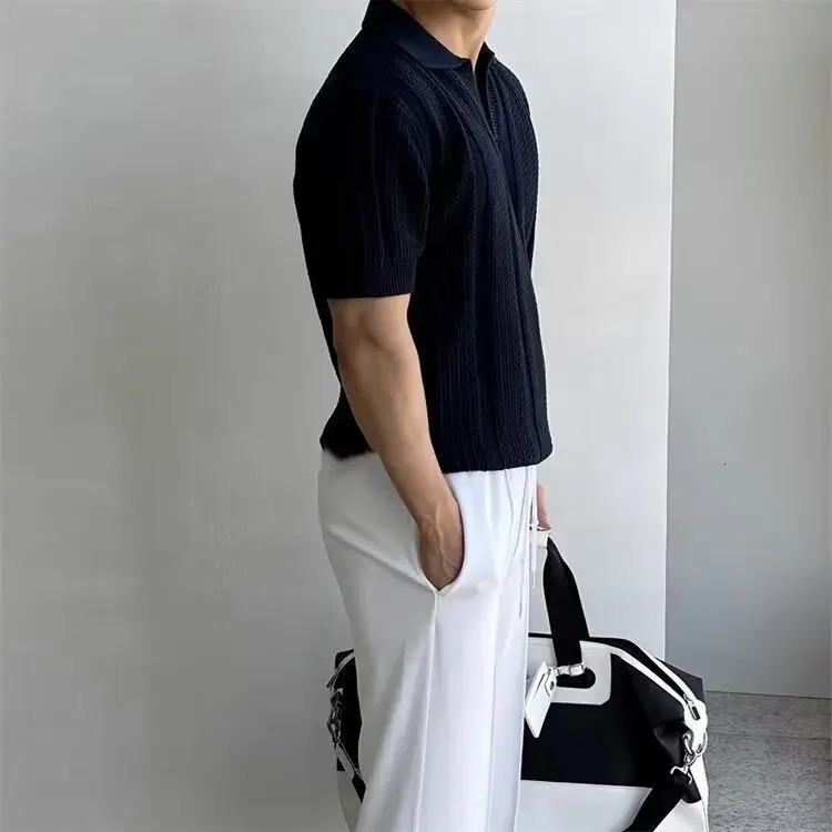 Mens Summer Korean Style Lightweight Knitshort Sleeves Polo Shirt Hollow Mesh Texture Knitwear Casual T-shirt Top 250325