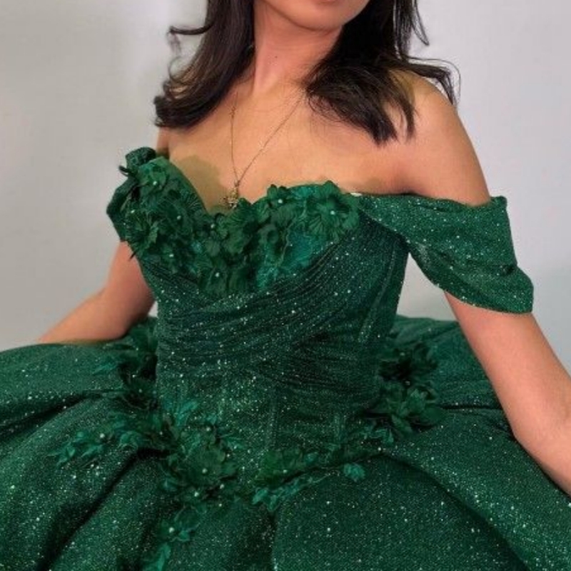 Blackish Green Shiny Princess Quinceanera Dresses Ball Gown Applique Flower Beading Off Shoulder Party Gown Sweet 16 Dress Vestidos De 15 Anos
