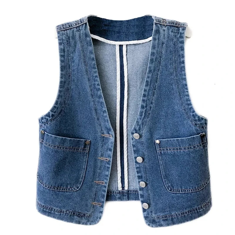 Spring and Autumn womens short denim vest jacket single chest Korean ultra-thin casual denim vest womens waist top Chaleco Mujer 250320