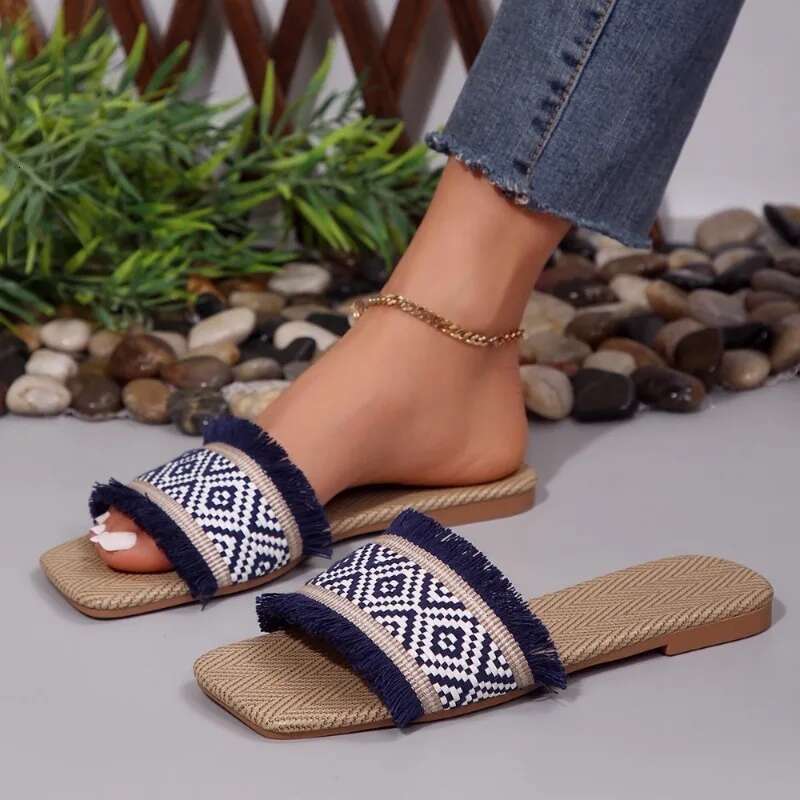 Women Summer Straw Woven Casual Outdoor Espadrille Flip-ps Fashion Flat Ladies Sandals and Slippers Large Size 43