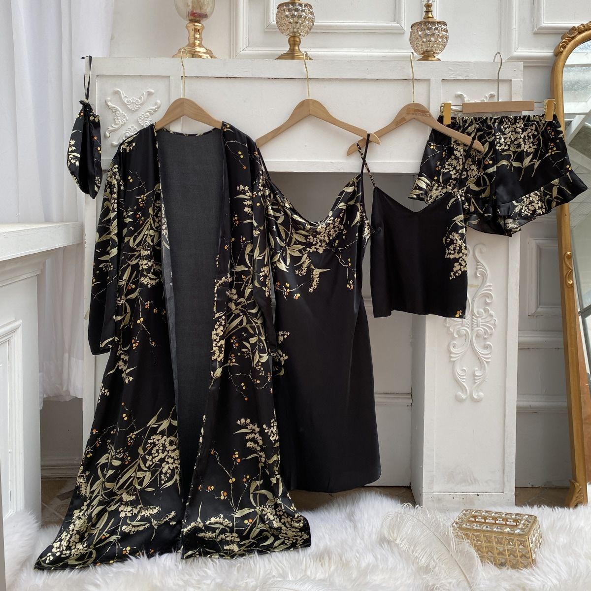 Spring and summer home wear four piece printed style pajamas women's with suspender sleeved long sexy nightgown set