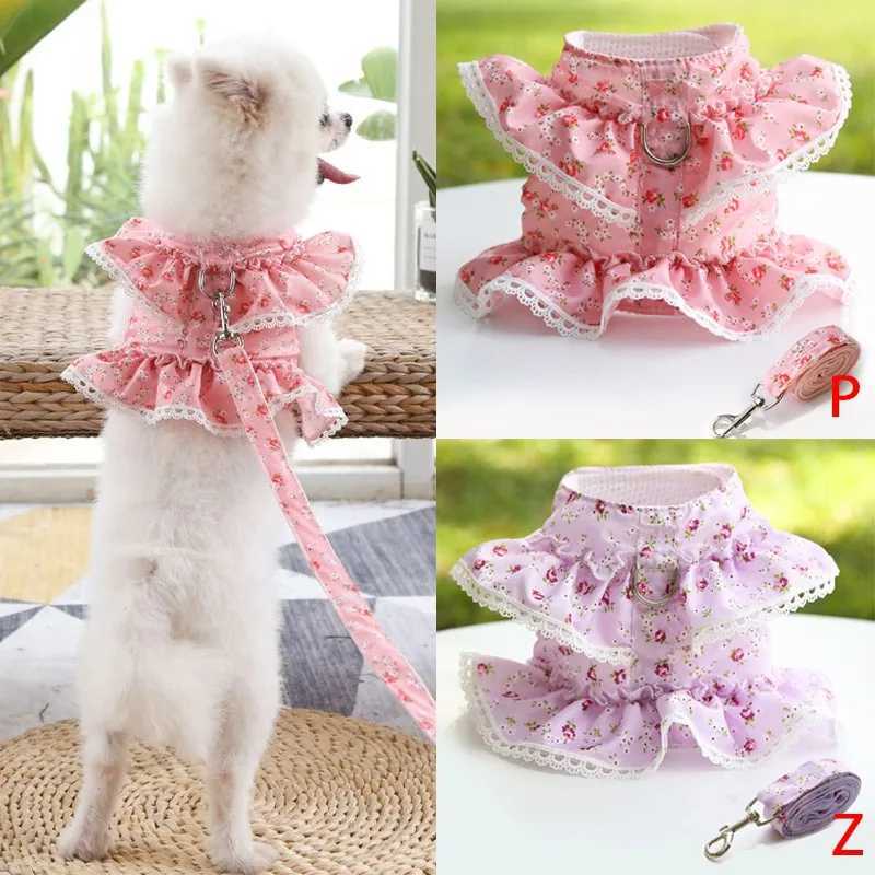 Dog Strap Set Adjustable Lace Flower Printed Pet Strap Vest Cute Dog Clothes Dog Mesh Strap X250326