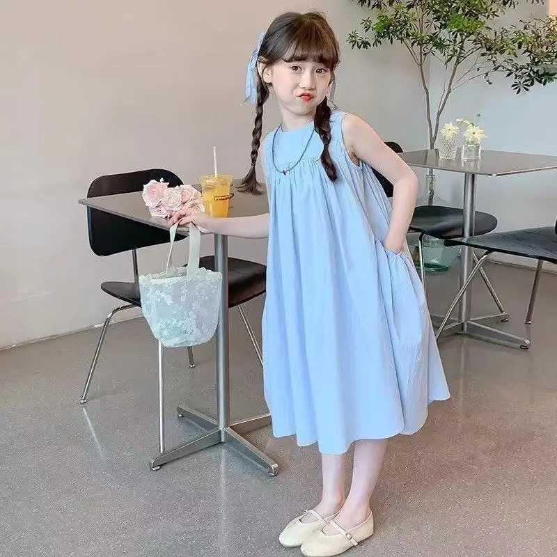 UNITIM Summer 2-12-year-old childrens and girls dress solid pleated sleeveless pocket childrens and girls dress cute loose teenage girls dress W250326