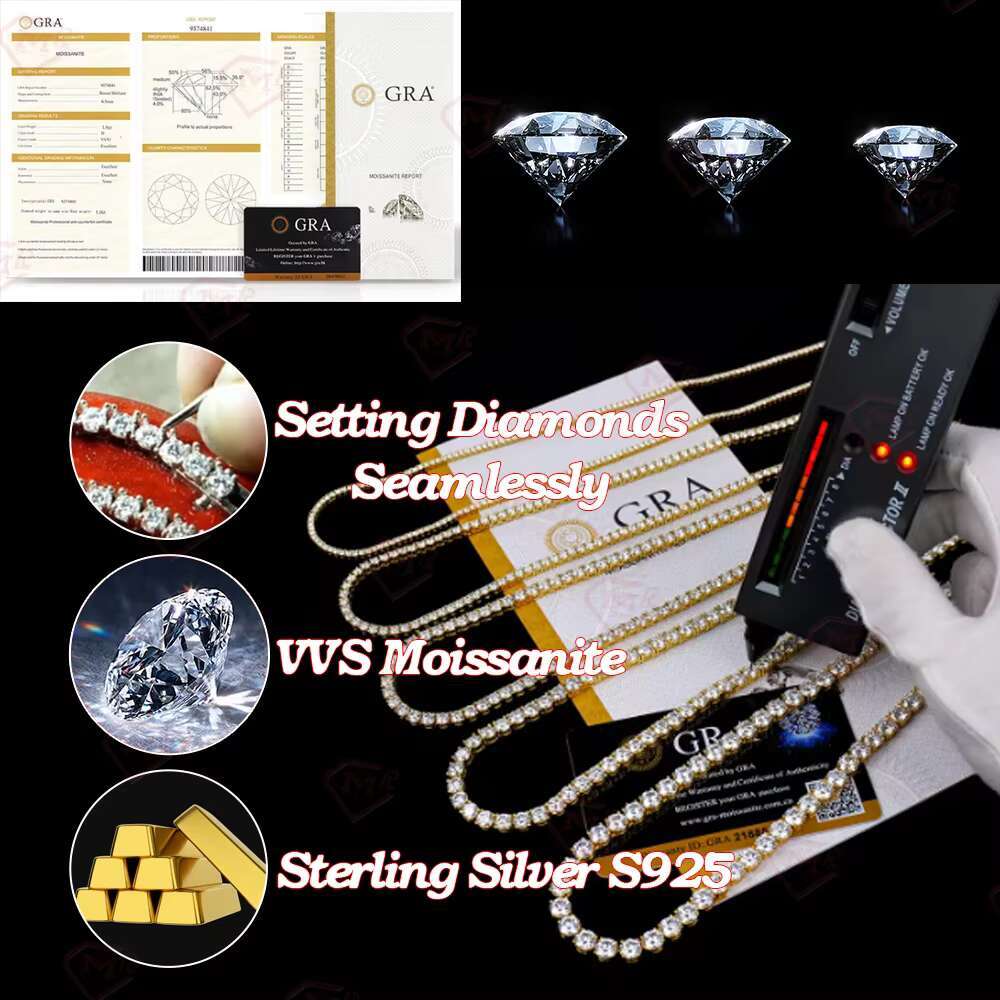 Hiphop VVS Moissanite Chain 925 Sterling Silver Sparkling 5mm Iced Out VVS Moissanite Tennis Chain