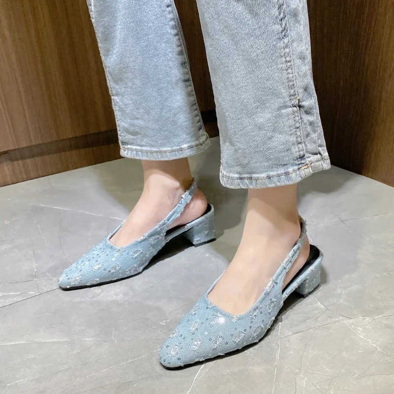 Wen Sea Salt Blue Pointed High Heel Shoes Summer Wan Back Hollow Half ed Single Pumps Fashion Versatile Casual Sandals Z250326