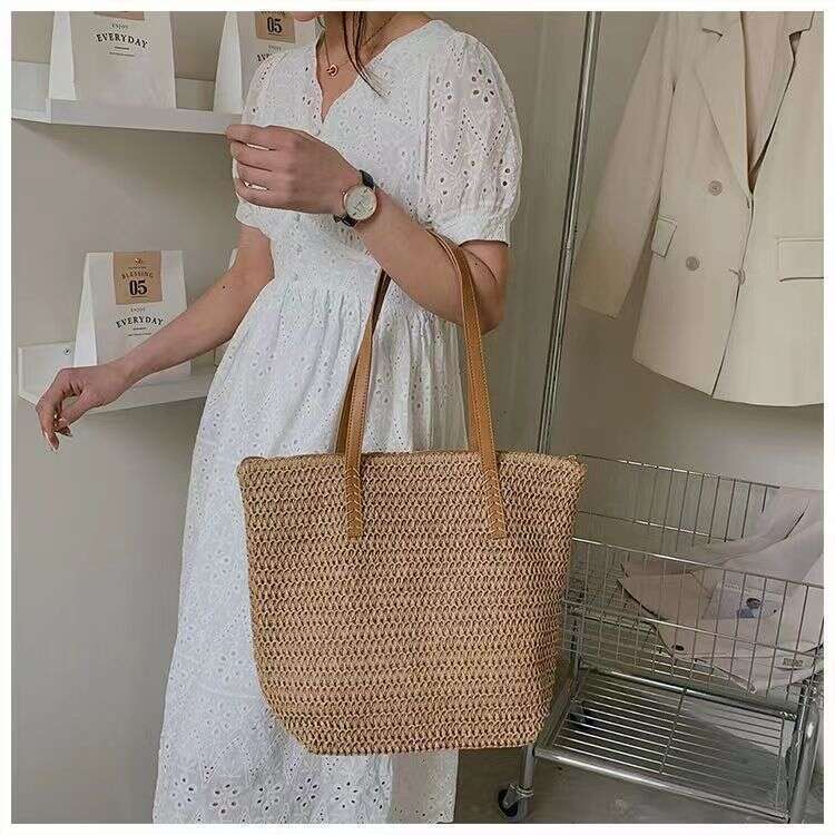 Grass bags for vacation, summer woven bags, large capacity female students, one shoulder portable casual French tote bag