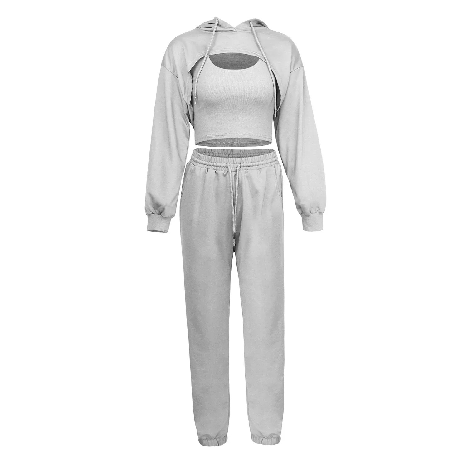 Womens sportswear hoodie vest pants set solid color womens sportswear 250320