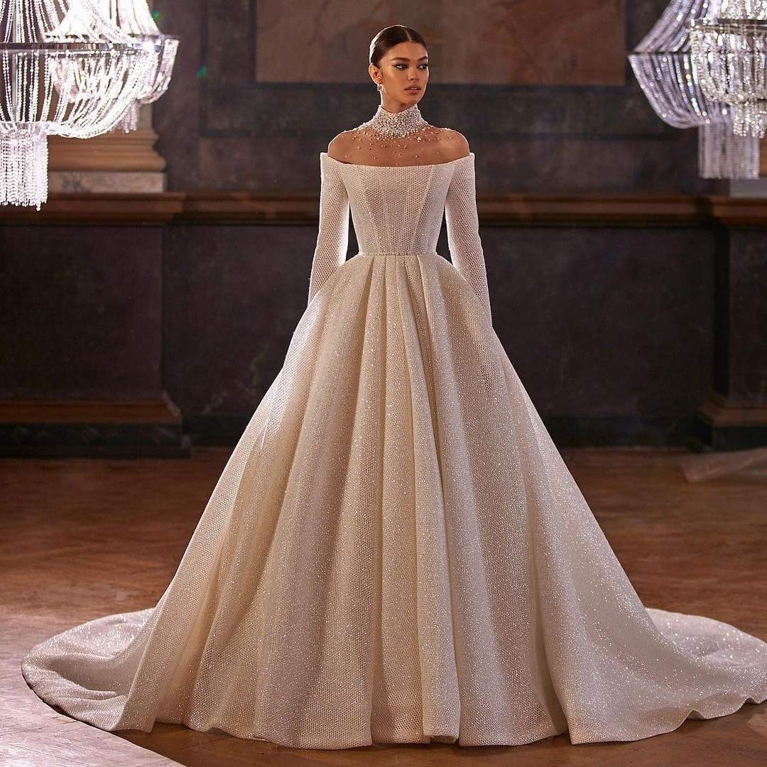 Vintage A-Line Wedding Dresses Boat Neck Long Sleeve Vestido De Novia Customized Shiny Court Train Custom Made Bridal Gown