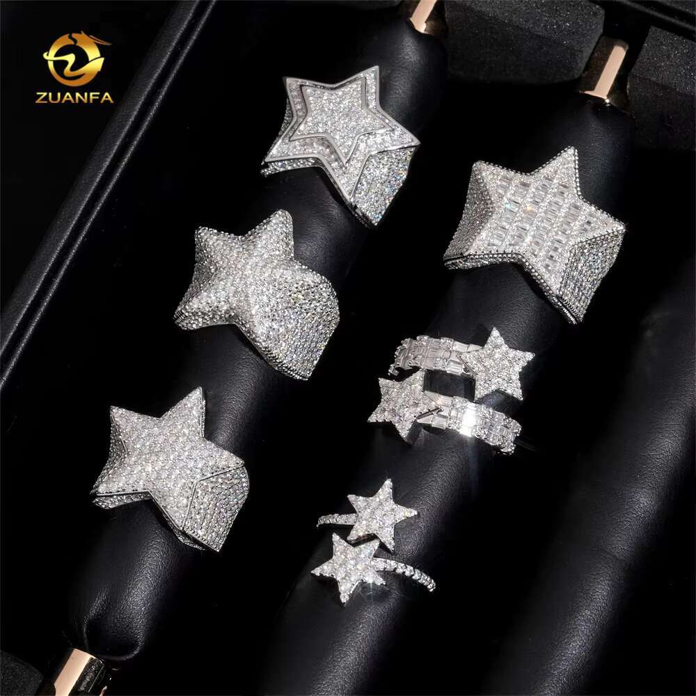 Hot Sale Instock Iced Out Star Moissanite Men Diamond Rings 925 Silver Hip Hop Ring Pass Diamond Tester Fashion Men Cuban Ring