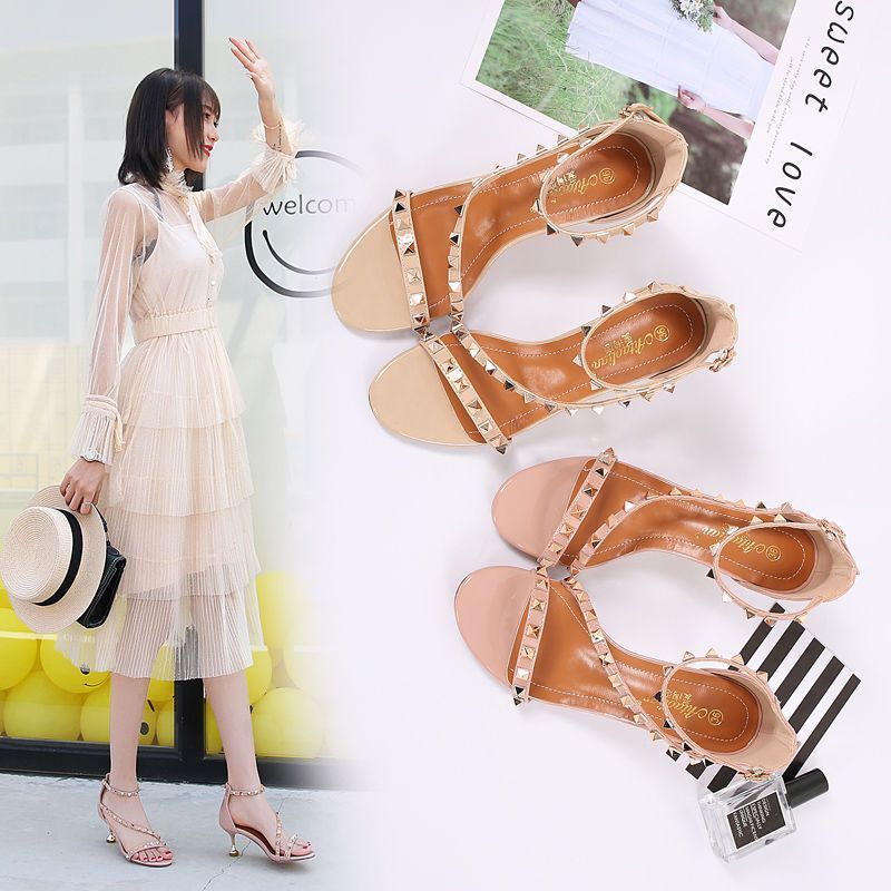 New rivet fashion pearl cat with student one button sandals, internet famous girl sexy high heels, exposed toes