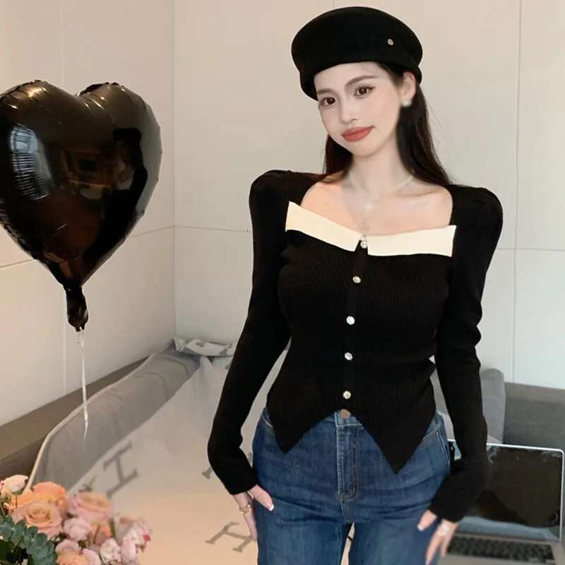 Ddmyshoesvip Women S Knitted Tops Color Contrast Irregular Slim Sexy Sweet Long Sleeves Square Neck Spring Autumn Versatile