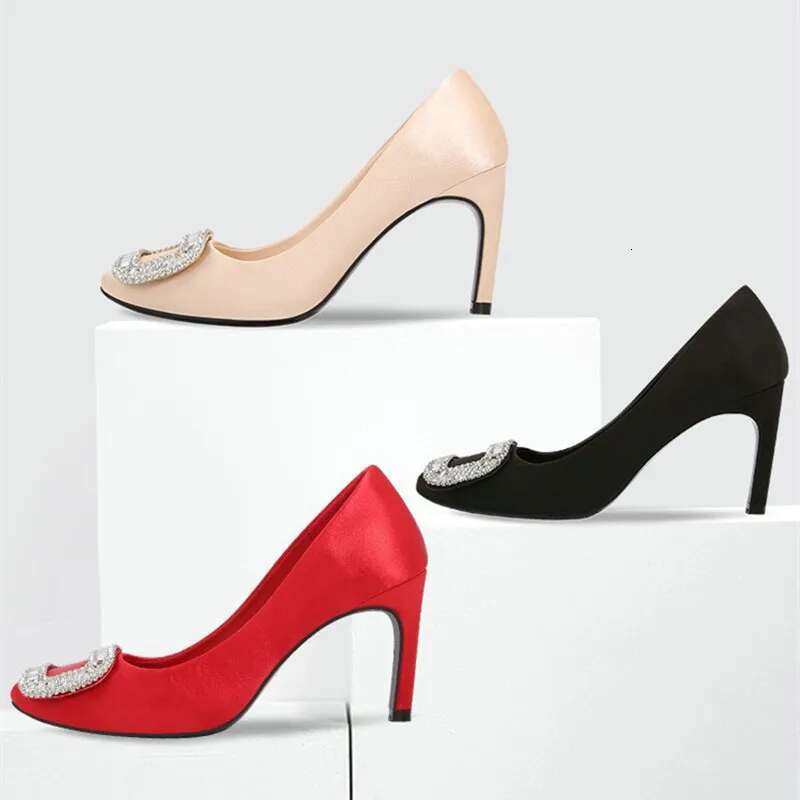 2025 Satin Pumps Slim Heel For Women Buckle Rhie Heels Red Wedding Round Head Professional Work Shoes
