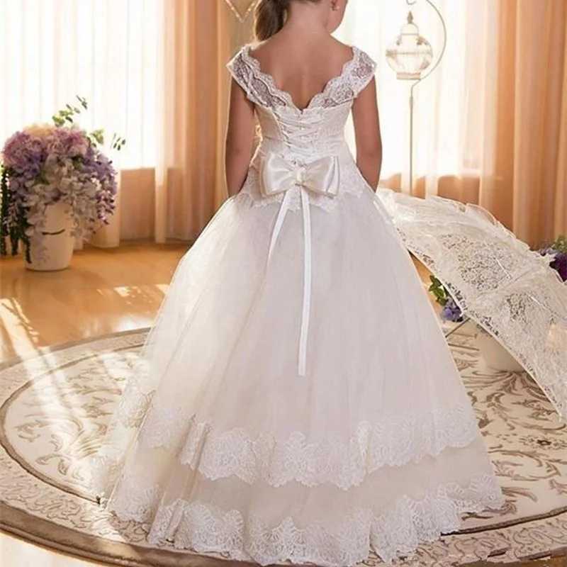 White first backless lace applique bow long flower girl wedding dress Par birthday dress W250326