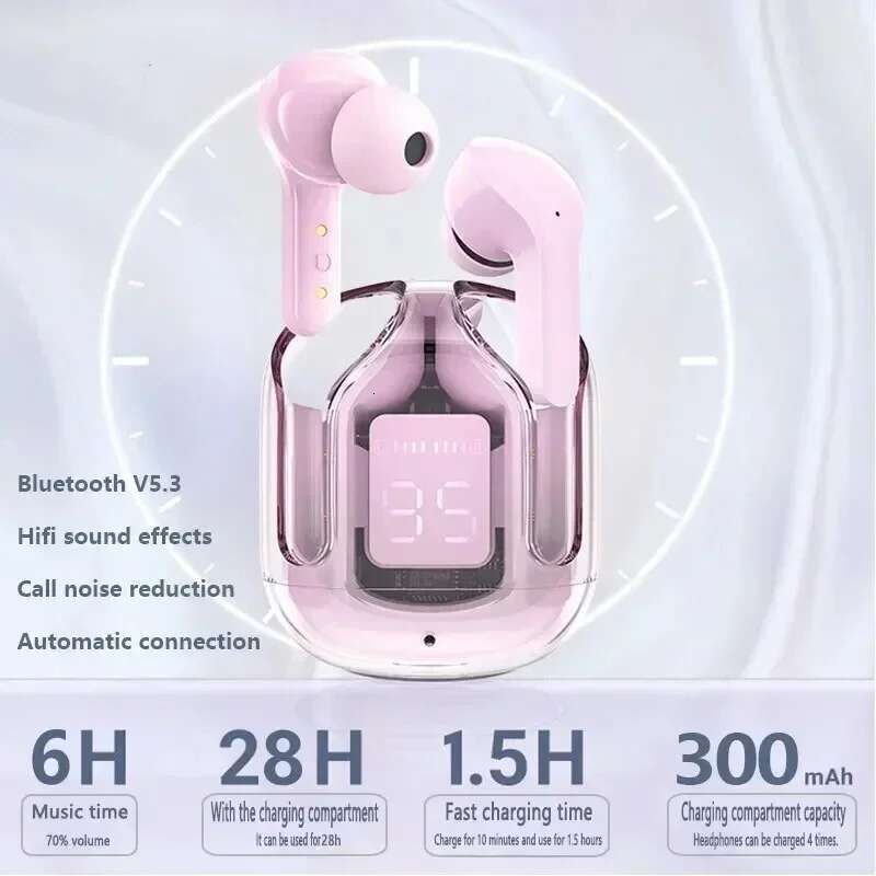 TWS Wireless Bluetooth Earphone Noise Canceling HiFi Stereo Sport Headphones with Digital Display Transparent Charging Case