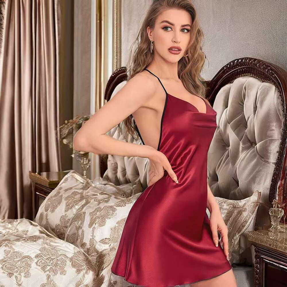 Summer Sexy Women's Home Sleepwear Night Dress Soft Lace Pyjamas Butterfly Backless Slip V-Neck Silk Satin Comfortable Set