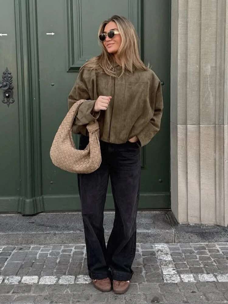 High Street Suede Jackets Women Vintage Loose Lapel Long Sleeves Elastic Band Coats Female 2025 Spring Zipper Chic Streetwears