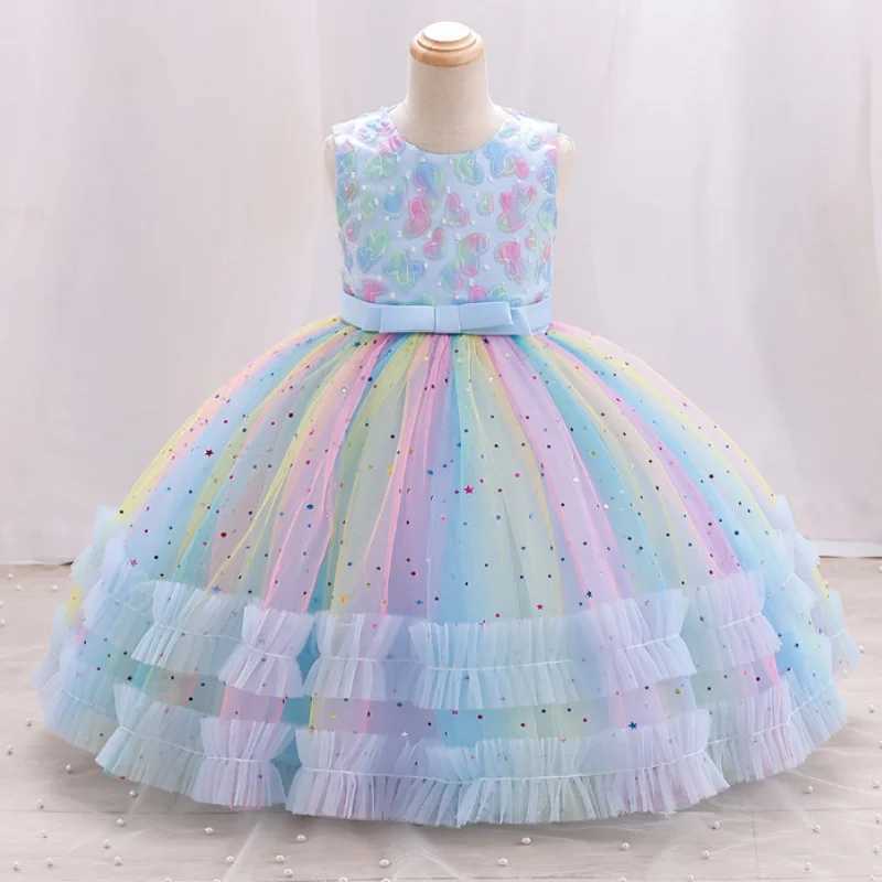 New girl embroidery star sequin rainbow mesh sleeveless dress Christmas party evening dress for girls aged 1-10 W250326