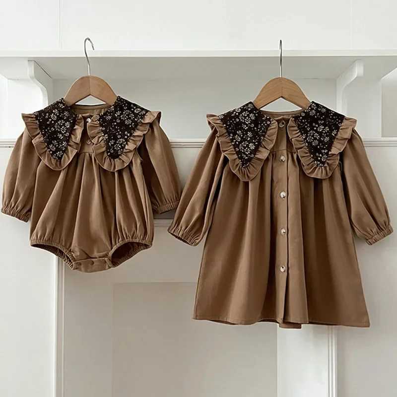 New autumn 2024 2-6-year-old girl Par dress long sleeve cotton embroidery patchwork baby jumpsuit children princess dress sisters dress W250326
