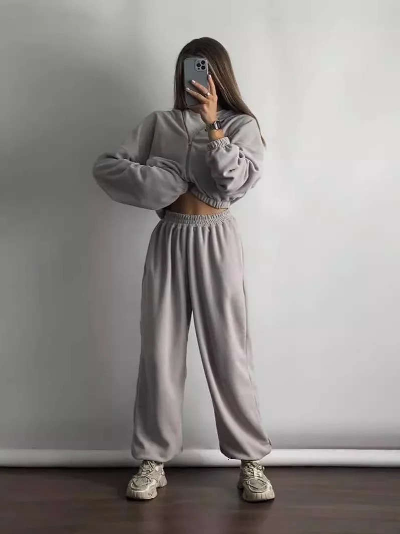 JHJN Womens 2-piece Solid Dress Autumn Fashion Hoodie Sportswear Top and Pants Set Street Clothing Sportswear Womens Set 250321