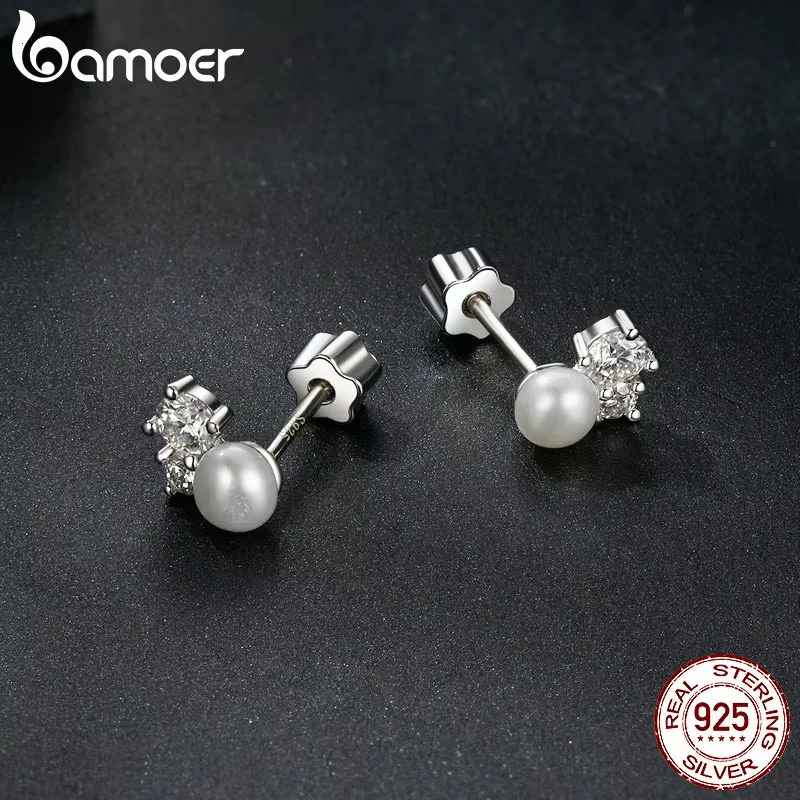 White Gold Plated Stud Earrings Stud Screw Back 925 Sterling Silver Pearl Hypoallergenic Earrings for Women 250318