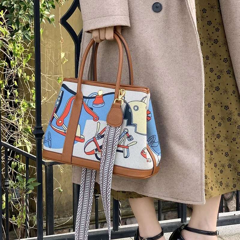 Shoulder Hand Bags Female Bucket Canvas Genuine Leather For Women Fashion 2024 Large Capacity Designer Animal Print Brown
