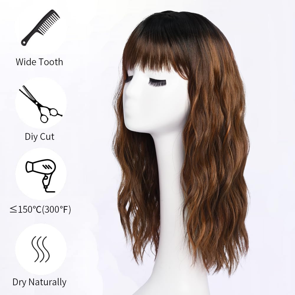 Blonde Highlight Wigs with Bangs for Women Synthetic 16inch Medium Length Wigs with Natural Long Wave Fringe Bang wig Heat Resistant Hair for Daily Pa