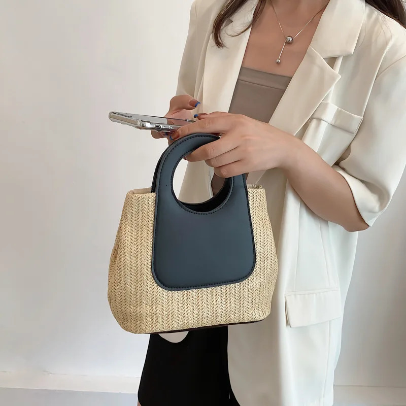 Summer Vintage Straw Bag with Color Block Splicing Hand-Woven Bag Large Capacity Simple and Fashionable Top-Handle Bag Handbag 250325