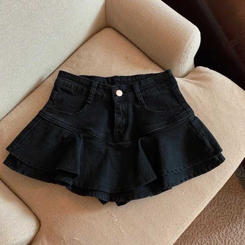 Cake skirt girl denim skirt summer new elastic waist childrens clothing shorts 2024 solid color fashion sweet fur pleatsT250325