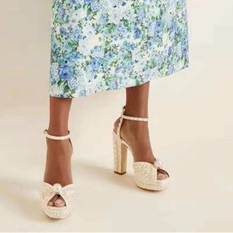 Pearl High heels Platform Women Shoes Wedding Dress shoes Designer Sandals Handmade Beaded Thick Heel Peep Toe Girls aeca