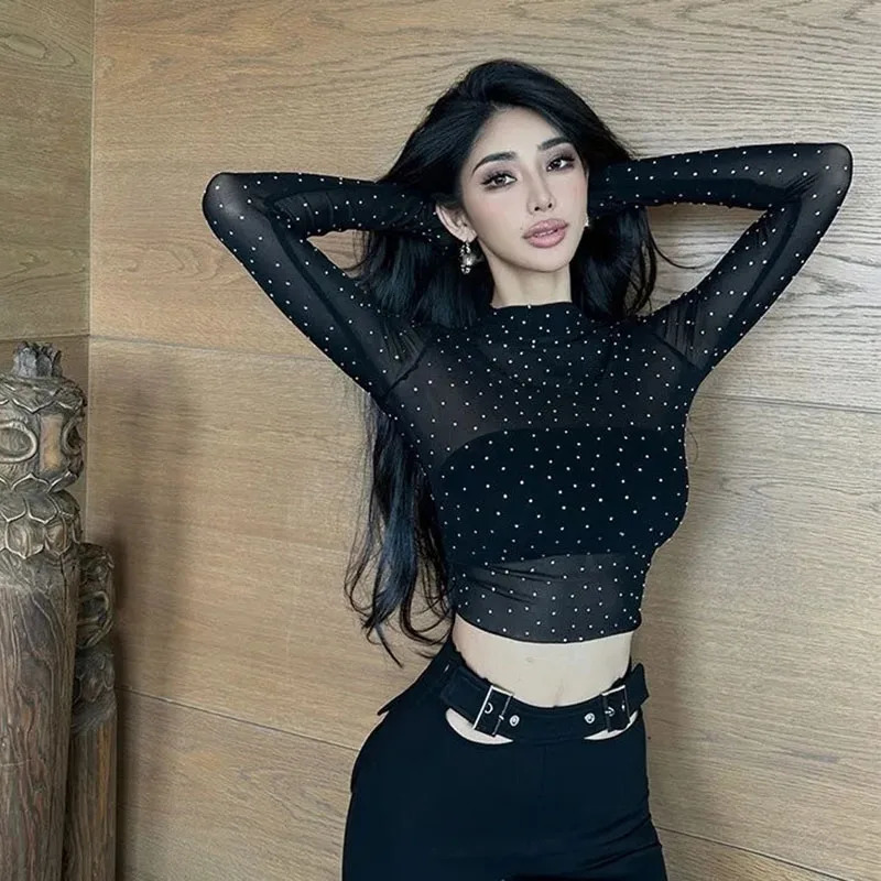 Xpqbb Fashion s Lace Tshirt Women Black Sexy See Through Mesh Crop Top Female Long Sleeve Beach Party Club Tees Tops 250317