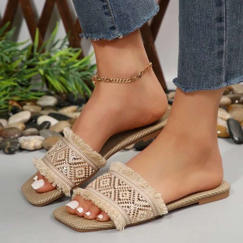 Women Summer Straw Woven Casual Outdoor Espadrille Flip-ps Fashion Flat Ladies Sandals and Slippers Large Size 43