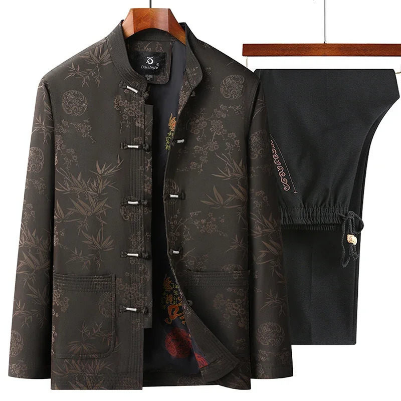 Tang style toppants autumn collection for middleaged and elderly mens clothing fathers Chinese round buckle spring grandfather set 250326