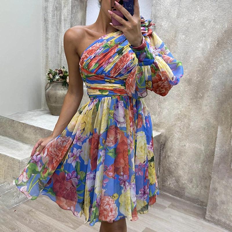 Casual Dresses Bohemian Floral Dress Summer One Shoulder Beach Womens High Waist Party For Vacation A-Line Flowy Sundress