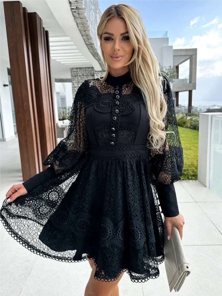 Spring Autumn New Solid Color Mini Dresses Women Sexy Hollow Out Lace Patchwork Short Dress Temperament Elegant Ladies Vestidos